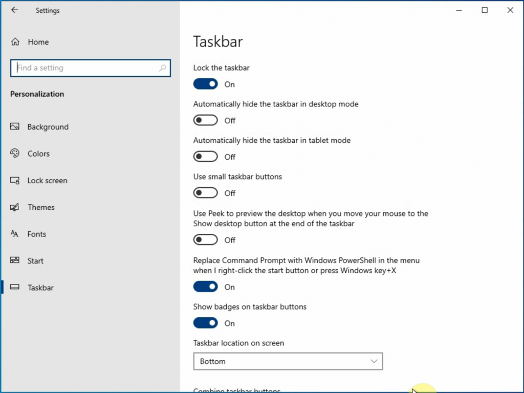 Windows Taskbar Menu Options